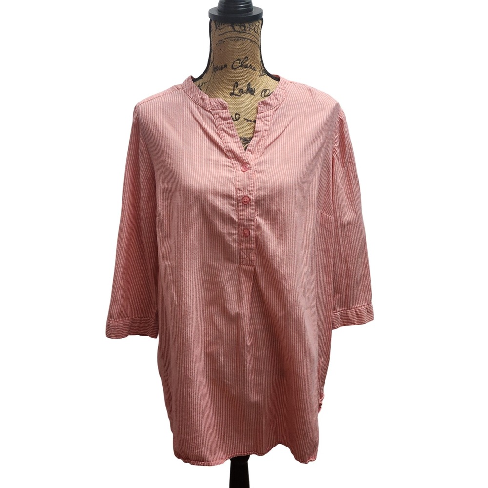 Ellos Women's Striped 3/4 Sleeve Button Down Tunic Top Pink White Size M